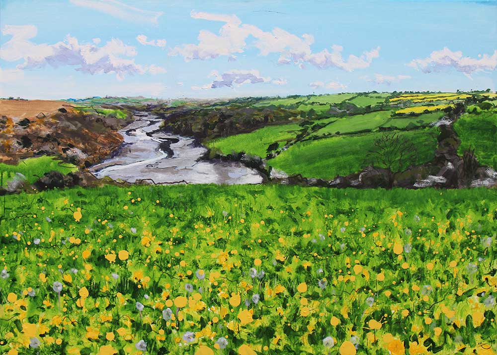 Yellow and green painting looking towards Helford River, Cornwall by artist Joe Webster