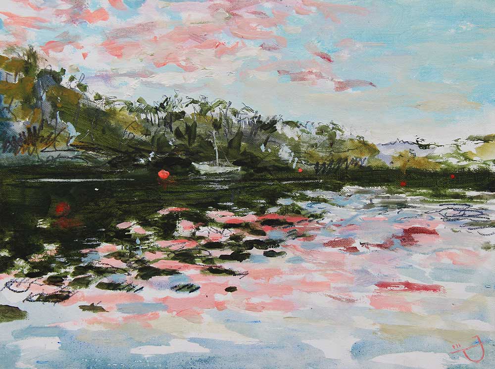 Painting from a canoe of the Helford River, Cornwall by artist Joe Webster