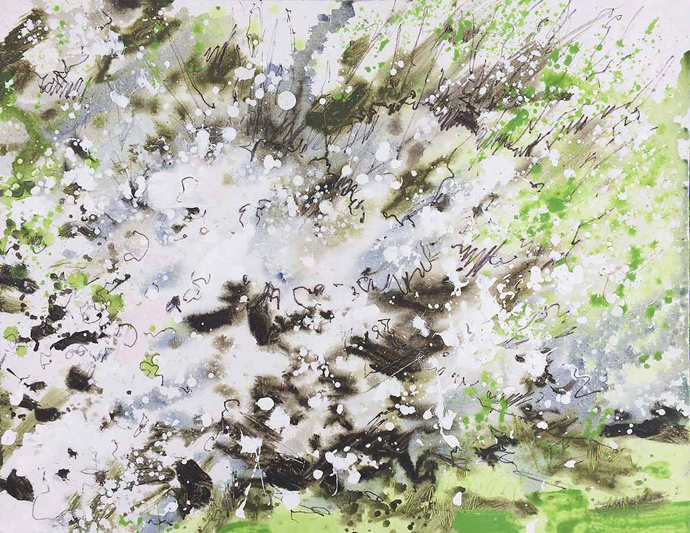 Hawthorn Blossom, White and Green Painting, artist Joe Webster