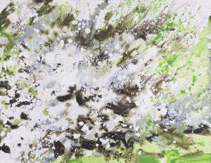 Blackthorn Blossom, White and Green Painting, artist Joe Webster