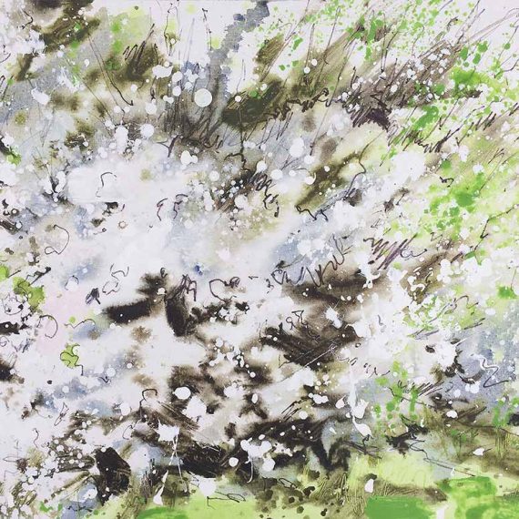 Blackthorn Blossom, White and Green Painting, artist Joe Webster